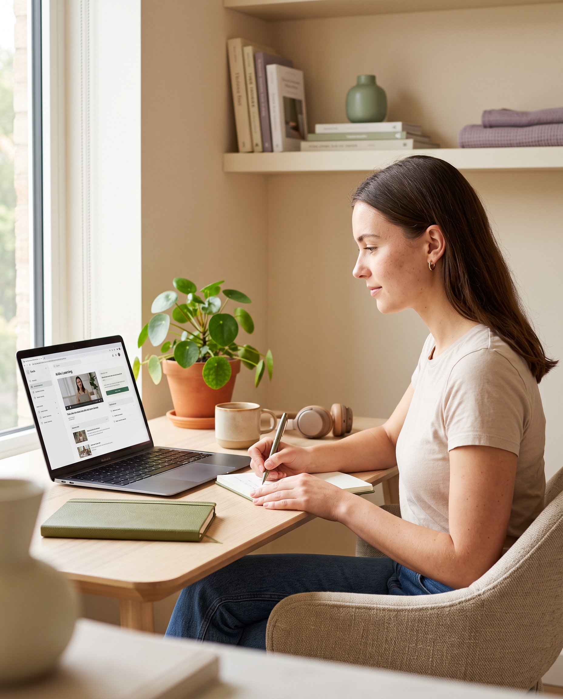 Jonge vrouw volgt geconcentreerd een online training aan haar bureau